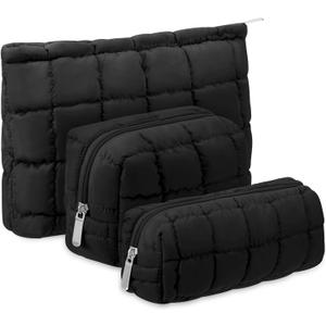 3 Pcs Puffy Makeup Bag Quilted Cosmetic Pouch for Women Cute Checkered Travel Toiletry Bag Puffer Makeup Organizer Purse Pouch Preppy Pencil Case with Zipper(Black)