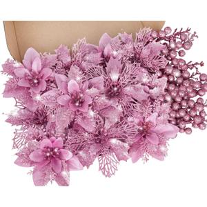 RICHMYC Christmas Flowers Artificial Glitter 24pcs Poinsettia Flowers Berries Christmas Decoration Christmas Tree Ornaments Xmas Wreath Garland Decoration, Pink