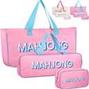 Abbylike Empty Mahjong Bag Set for Tiles and Racks Carry Bag for Mahjong Tiles with 4 Storage Compartments Tote Pouch or Mat Card Pusher Card Game Storage Gifts Accessories(Pink and Blue), 19.09 x 9.45 x 3.35 inches