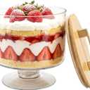 Trifle Bowl with Pedestal and Lid, Large Salad Bowl, Crystal Clear Glass, Wood Lid with Convenient Handle and Sealing Ring, for Laying Layered Dessert, Ice Cream and Cake, Ideal for Party Displays