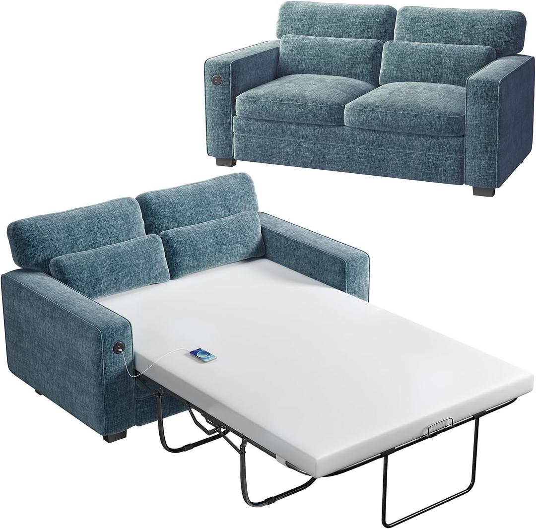 Marsail Pull Out Sofa Bed, Queen Size Sleeper Sofa with Memory Foam Mattress, 2 USB Charging and Removable Covers, Loveseat for Living Room, Apartment, Supports 600 LBS, Chenille Fabric, Blue