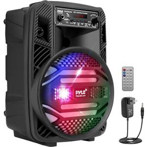 Pyle Portable Bluetooth PA Speaker System - 300W Rechargeable Outdoor Bluetooth Speaker Portable PA System w/ 8 Subwoofer 1 Tweeter, Microphone In, Party Lights, MP3/USB, Radio, Remote -PPHP835B