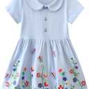 Girls Cotton Long Sleeve Casual Cartoon Appliques Striped Jersey Dresses 6Y