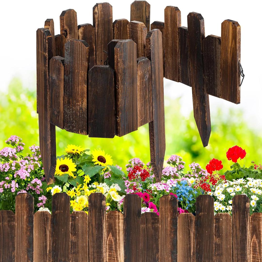 Bucherry 8 Pcs Staggered Wood Garden Edging Border Short Picket Fence Burnt Wood Finish Outdoor Landscape Flower Bed Decorative Borders with Gloves for Spring Garden Lawn Yard, 7.9 x 47 Inches