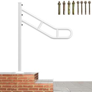 Upgraded Single Post Handrail, White Hand Rails for Outdoor Steps, Metal Freestanding Stair Railing, Floor Mounted Hand Rails for Outdoor 1-3 Steps with 2 Anti-Skid Crossbar for Garage, 32"L x 35.8" H