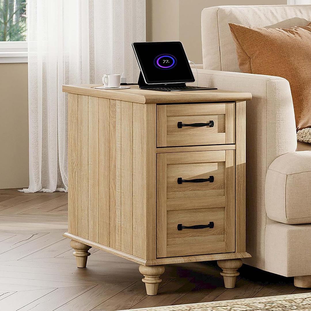 WAMPAT End Table with Charging Station, Wood Side Table with Drawer and Storage Cabinet, Modern End Table with Power outlets USB Ports for Living Room Bedroom, Oak, 1 Piece