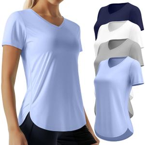 4 Packs Women's Short Sleeve Workout T Shirt Side Slits Curved Hem V Neck Breathable Exercise Tops Quick Dry UV Tee (Large)