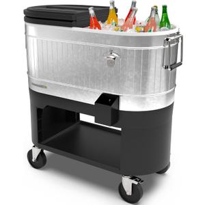 Permasteel Rolling Patio Cooler  Large Outdoor Ice Chest with Wheels, Beverage Cooler for Backyard, BBQ, Tailgate, Beach, Parties, Rustic Farmhouse Design (120-Quart, Silver)