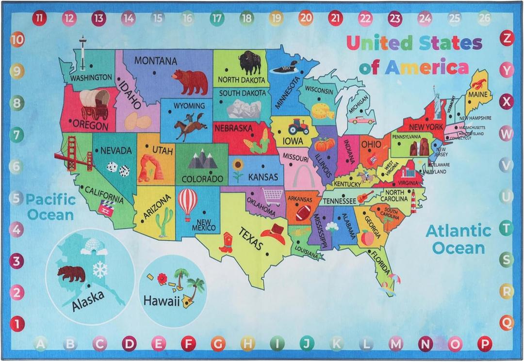 Superior United States Map Non-Slip Indoor Rug for Kids, Toddlers & Babies, Washable, Perfect for Playroom, Kids Room, Nursery, or Bedroom, Geography, Iconic American Landmarks, Symbols, 7' 5" x 10'
