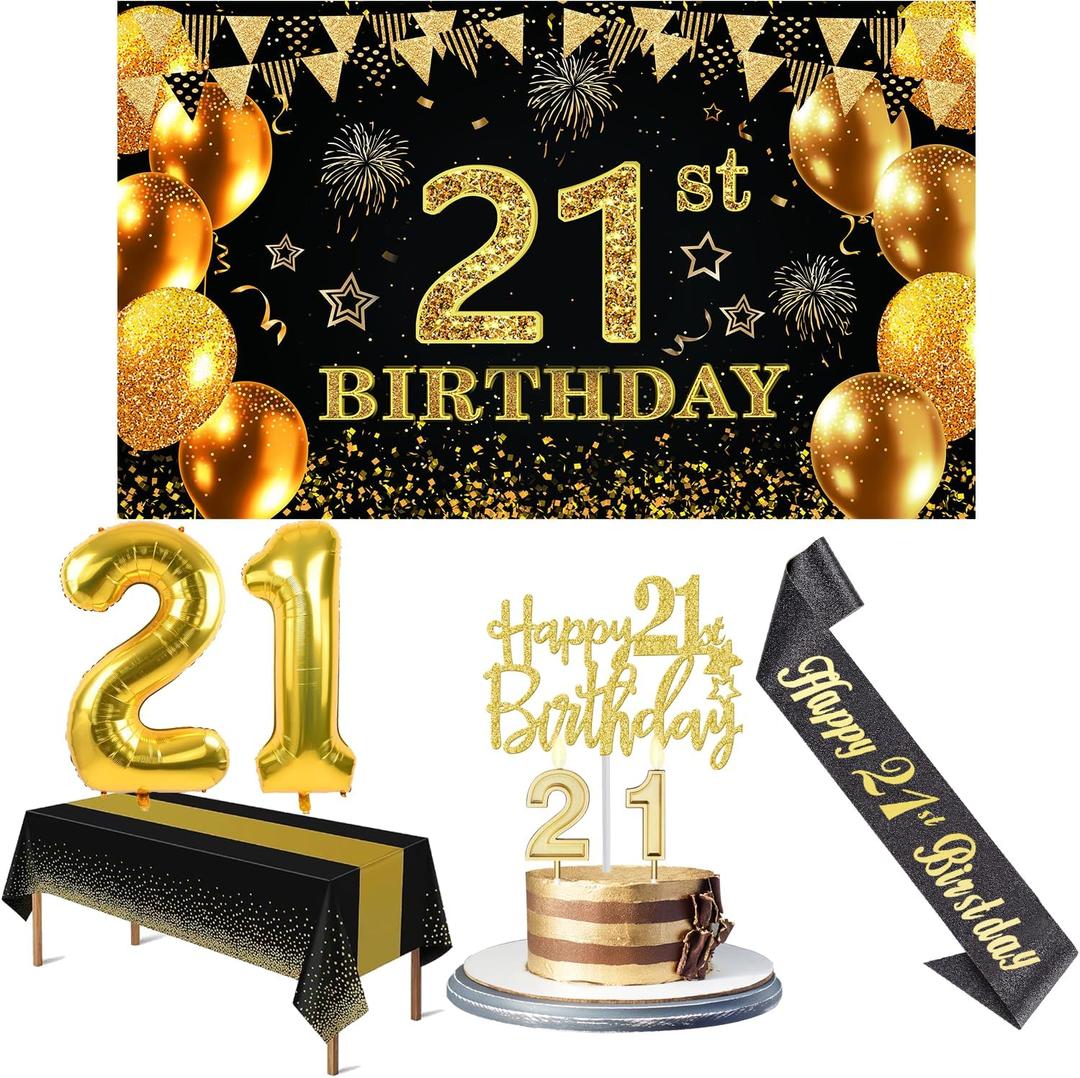 21st Birthday Decorations for Him Her with Banner, Black and Gold Table Cloth, Number Balloons, Large 21st Birthday Sash, Cake Topper and Candles