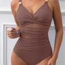Women's Mesh One Piece Swimsuits Tummy Control V Neck Bathing Suit Sexy Push Up Swim Suit Slimming Swimwear (Brown, XL)