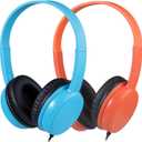Wired Headphones Bulk 2 Pack for Classroom School, 3.5mm Pulg, Lightweight, Sturdy Headsets for Kids Students and Adults (Orange & Light Blue) (Mixed Colors)