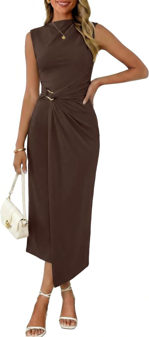 Valiamcep Womens Summer Mock Neck Ruched Bodycon Dress Sleeveless Elegant Cocktail Club Party Long Midi Dresses, Small