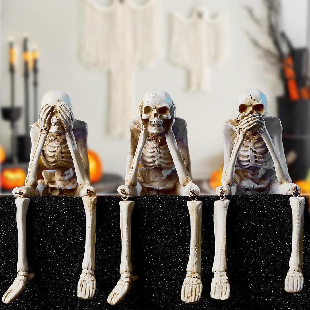Halloween Decorations Indoor Skeleton Statues See Speak Hear No Evil Figurines for Mantel Table - Realistic Resin Skull Spooky Gothic Home Decor Set of 3
