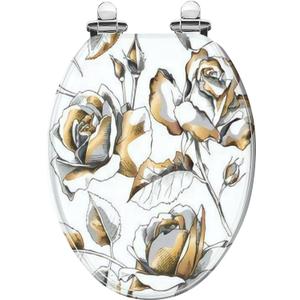 Elongated Toilet Seat Botanical a gold rose flowers a white Resin Toilet Seat with Quietly Close Quick Release Hinges Decorative Toilet Seat with Cover Easy to Clean and Install