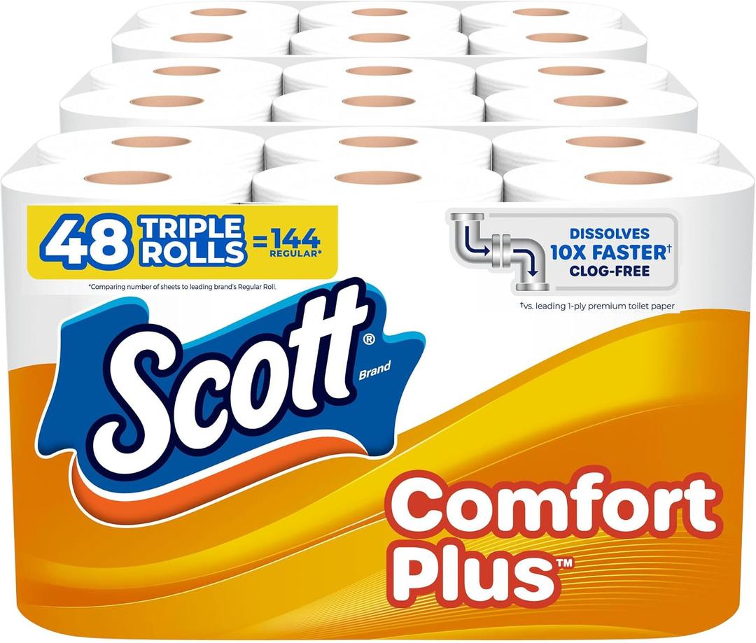 Scott ComfortPlus Toilet Paper, 48 Triple Rolls, 231 Sheets per Roll, Septic-Safe, 1-Ply Toilet Tissue