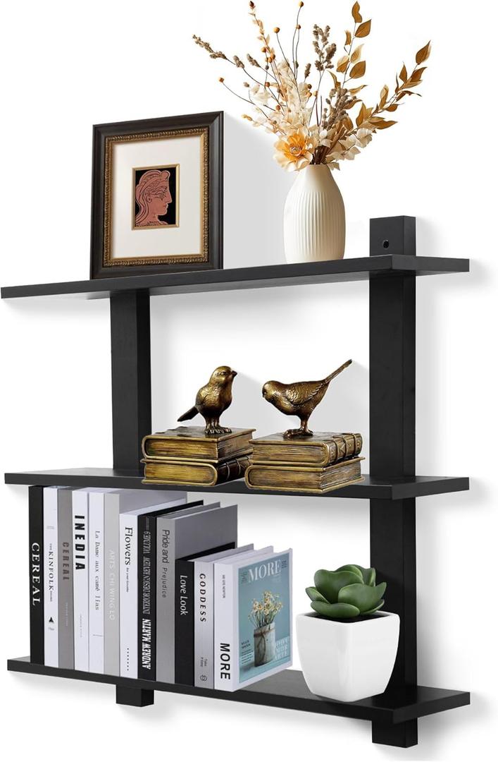 PHOENANCEE 3 Tier Floating Shelves, Long Wall Shelf, Over The Toilet Shelves Bathroom Hanging Display Storage Rustic for Living Room Bedroom Kitchen Office Coffee Bar Decor Decorative, 24 Inch (Black, Pack of 1)