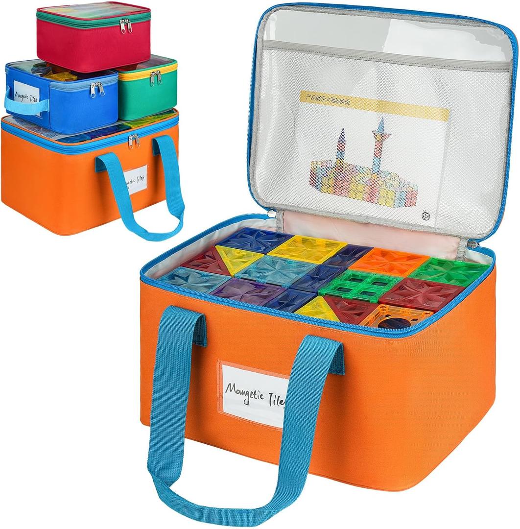 4 Packs Magnetic Tiles Storage Bags,Magnetic Tiles Storage Bin,Toy Organizer Case with Mesh Pocket and Tag Pocket for Magnet Building Tiles,Board Game,Puzzle and Lego Bricks (4PCS(1 large+3 small))