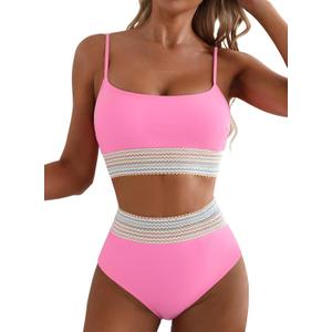Herseas Women's High Waisted Bikini Sets 2 Piece Tummy Control Swimsuits Full Coverage Bathing Suit Summer Beach Swim Wear (Pink, XS)