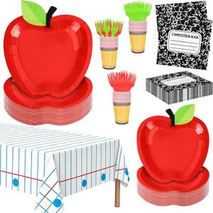 151 Pcs Back to School Party Supplies for 30 Guests, Apple Paper Plates Pencil Cups Composition Book Napkins Forks & Tablecloth, First Day of School Classroom Decorations