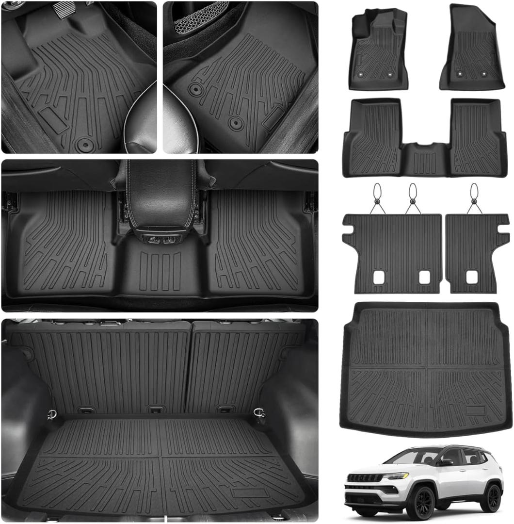 Floor Mats for Jeep Compass 2017-2025 2026, All Weather Cargo Liners for Jeep Compass Accessories, Heavy Duty Trunk Mat with Backrest Mat, Car Accessories