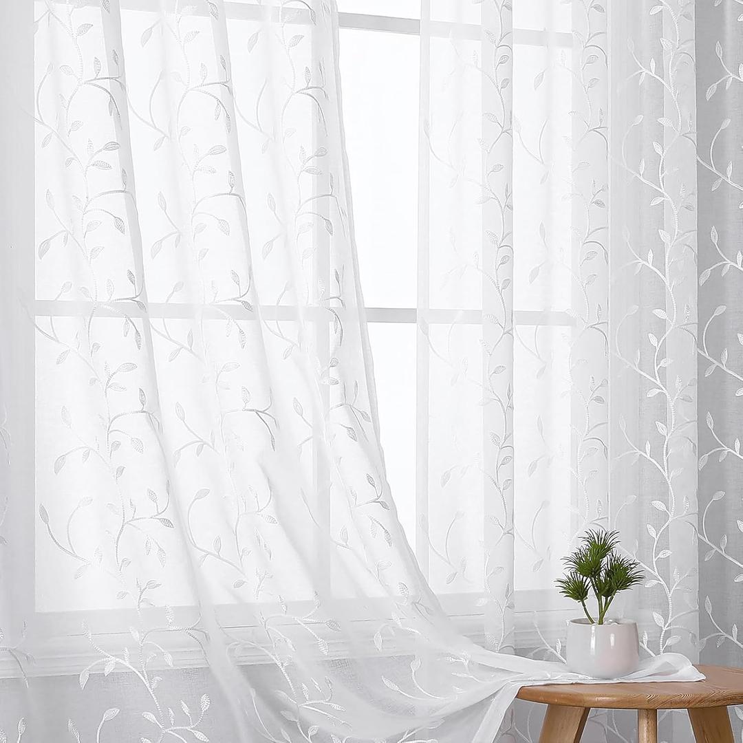 VISIONTEX White Sheer Voile Curtains, Decorative Beige Leaves Embroidery Faux Linen Rod Pocket Window Drapes for Home Kitchen, Living Room and Bedroom 54 x 63 Inch, Set of 2 Curtain Panels (Vines Mini-white)
