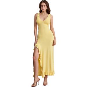 SHENHE Women's Sexy V Neck Ruffle High Slit Sleeveless Bodycon Maxi Party Prom Long Dress, Large