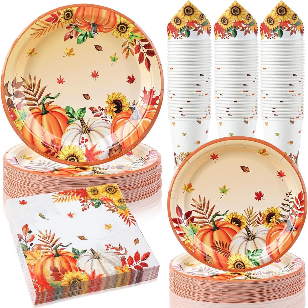 Jenaai 200 Pcs Thanksgiving Tableware Set Serve for 50 Guests Disposable 9" Dinner Plates 7" Dessert Plates Paper Cups and Napkins Dinnerware Set for Thanksgiving Day Fall Autumn Party Supplies