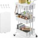 Pipishell 3 Tier Rolling Cart with Table Top, Utility Cart with Wheels & 4 Hooks, Rolling Storage Cart for Home Storage and Organization, White, PIUC09W