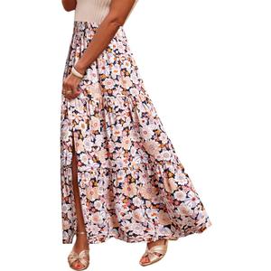 Happy Sailed Long Skirts for Women High Waisted Skirt Boho Sundresses Summer Floral Print Split A Line Maxi Skirt Black X-Large