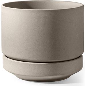 LE TAUCI 12 Inch Pots for Plants with Saucer | Ceramic Outdoor & Indoor Planter Pot for Plants | Drainage Hole, Mesh Pad & Plug | Unglazed Porous | Modern for Home, Office and Patio  Neutral Gray