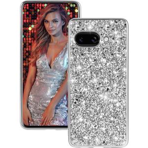 Silicone Case for Google Pixel 9A 5G Phone Case Glitter Sparkle Bling, Hybrid Matte Back Case High Impact Heavy Duty Shockproof Protective Cover for Google 9A Cute Case for Women 6.3-inch (Silver)