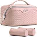 BOYATU Travel Makeup Bag Cosmetic Bags for Women: Large Capacity 3 Pcs Set Make up Bag with Compartments - Waterproof Vegan Leather Toiletry Organizer Bags with Handle (L02 Light Pink)