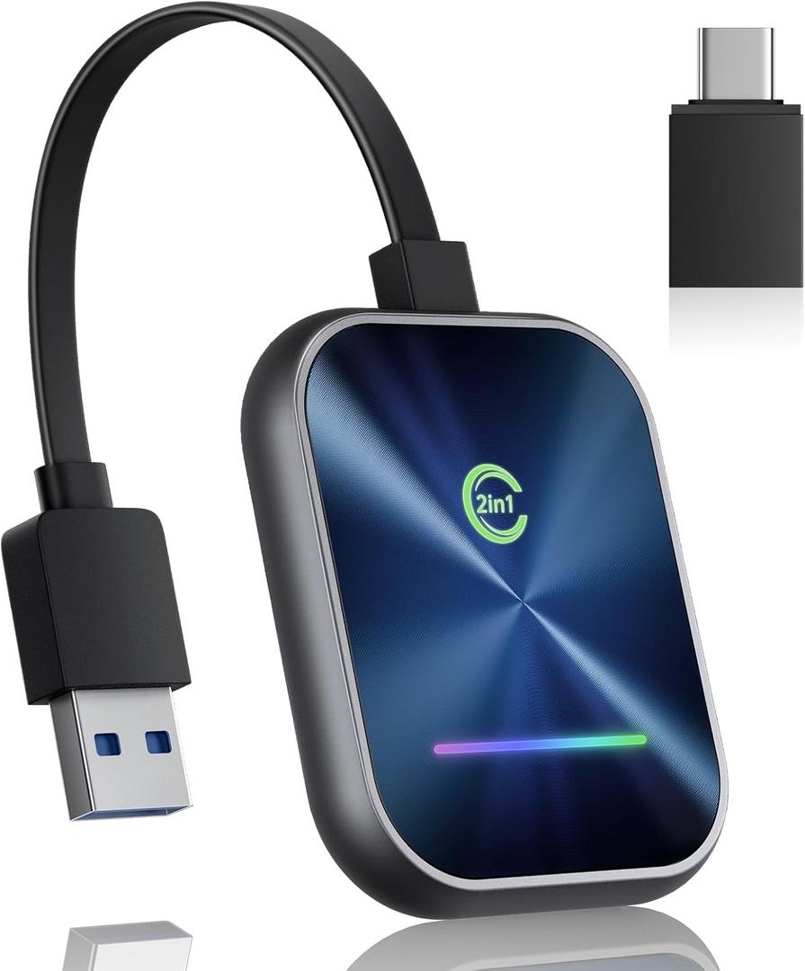 Wireless CarPlay Adapter for iPhone, 2 in 1 Wireless CarPlay and Android Auto Adapter Converts Factory Wired to Wireless, Plug and Play USB/USB-C Car Play Dongle with Stable Control and No Delay (Blue)