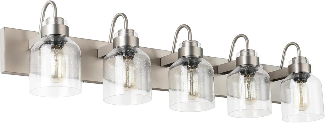 PRESDE 5 Light Bathroom Vanity Light Fixture Over Mirror Vintage Brushed Nickel Vanity Light for Bathroom with Bubble Glass Shades