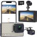 4K Front Dash Cam & 2K Rear Full HD Dash Camera for Cars, Included 32GB Card, 170 Wide Angle, Built-in Wi-Fi, 3" IPS Screen, Night Vision, WDR/HDR, 24hr Parking Monitor
