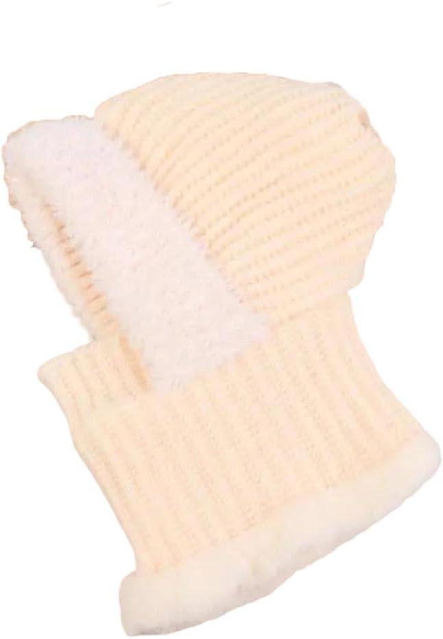 Womens Hooded Winter Knitted Hat Ear Protection Fluffy Face Mask Neck Integrated Warmth Cover Cap (Beige)