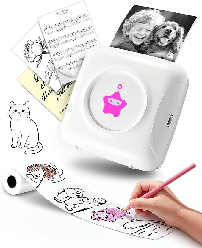 Vretti Mini Pocket Printer Portable Thermal Printer with 1 Roll Sticker Paper, Bluetooth Mini Printer for iPhone & Android, TP2Y Inkless Sticker Maker for Notes, Photos, Labels, DIY