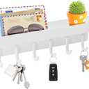 VIS'V Key Holder Wall Mount, Compact Adhesive Key Rack with Tray, 6 Hooks, 2 Mount Options, White