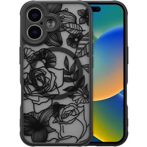 XIZYO Magnetic Case for iPhone 16 Floral Rose Cute Phone Case [Compatible with Magsafe] for Women Girls Aesthetic Pattern Slim TPU Shockproof Bumper Cover, Black