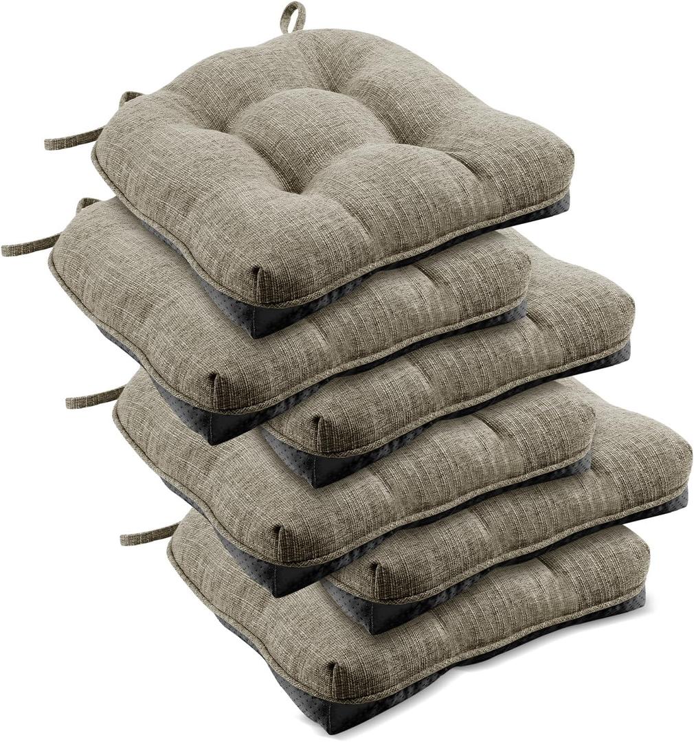 downluxe Indoor Chair Cushions for Dining Chairs, Tufted Overstuffed Textured Foam Kitchen Chair Pads with Ties and Non-Slip Backing, 15.5" x 15.5" x 4", Khaki, 6 Pack