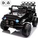 12V Ride On Truck Car, Electric Car with Remote Control, Children Ride On Toy with Spring Suspension, Led Lights, Music, Battery Display for Kids 3-8, Black