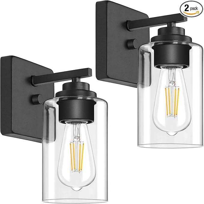 Set of 2 Wall Sconces for Bathroom, Modern Vanity Light Fixtures, Matte Black Wall Mount Lighting Lanterns, Farmhouse Wall Lights with Clear Glass Shade for Bedroom Living Room Mirror Hallway Kitchen