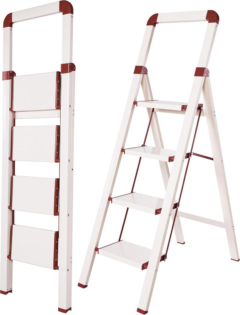 BIBKOKE Step Ladder 4-Step White Finish Aluminum Iron Folding Ladders | Anti-slip Sturdy Portable Foldable Ladder Modern Step Stool for Kitchen Home Office Libaray