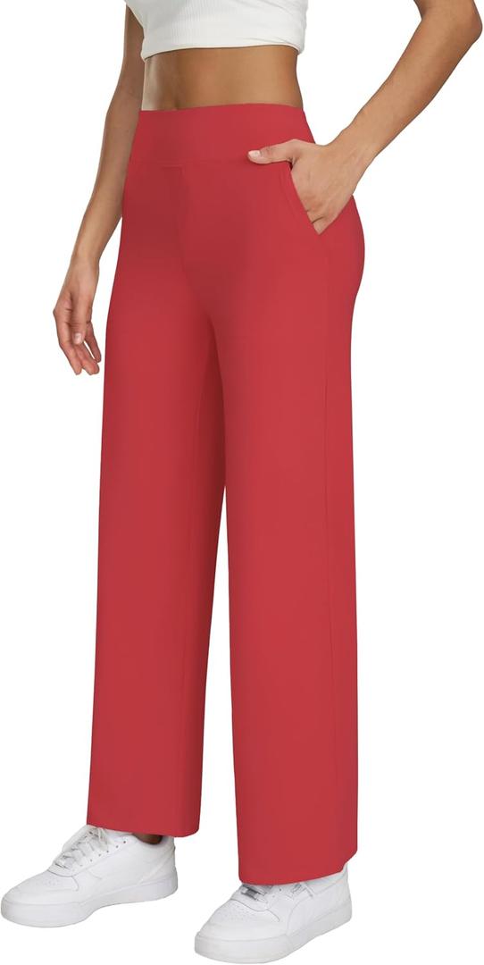 Wide Leg Yoga Pants with Pockets for Women High Waisted Casual Dresses Pants (Red, L)