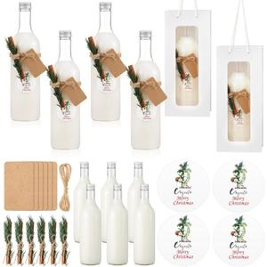 Potchen 6 Set 25 oz Christmas Coquito Bottle Gifts Set Homemade Empty Coquito Plastic Bottles with Gift Bags Label Stickers Cinnamon Pine Tags for Home Brewing Xmas Party Supplies