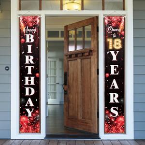 Happy 18th Birthday Porch Sign Door Banner Decor Red and Black  Glitter Cheers to 18 Years Old Birthday Party Theme Decorations for Boys Girls Supplies