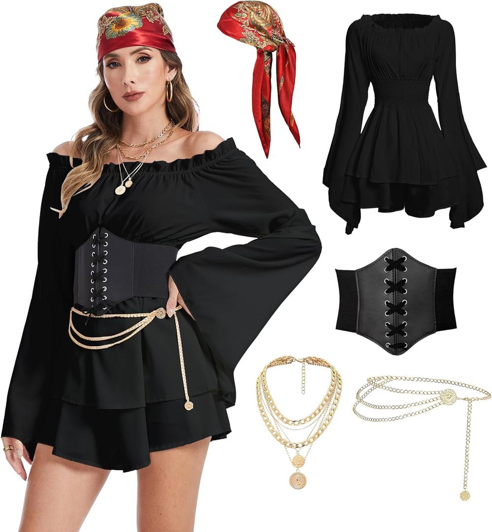 Pirate Costume Women Dress White Pirate Dress with Corset Necklace Bandana Headscarf Accessories (Medium, Black)
