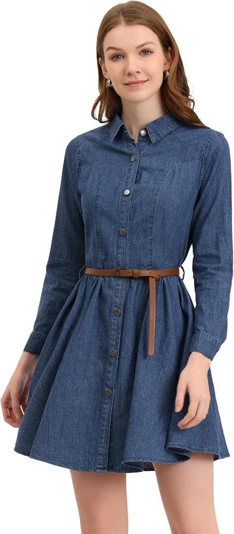 Allegra K Denim Dress for Women's Long Sleeve Belted Flared Above Knee Shirt Dress (Blue) S