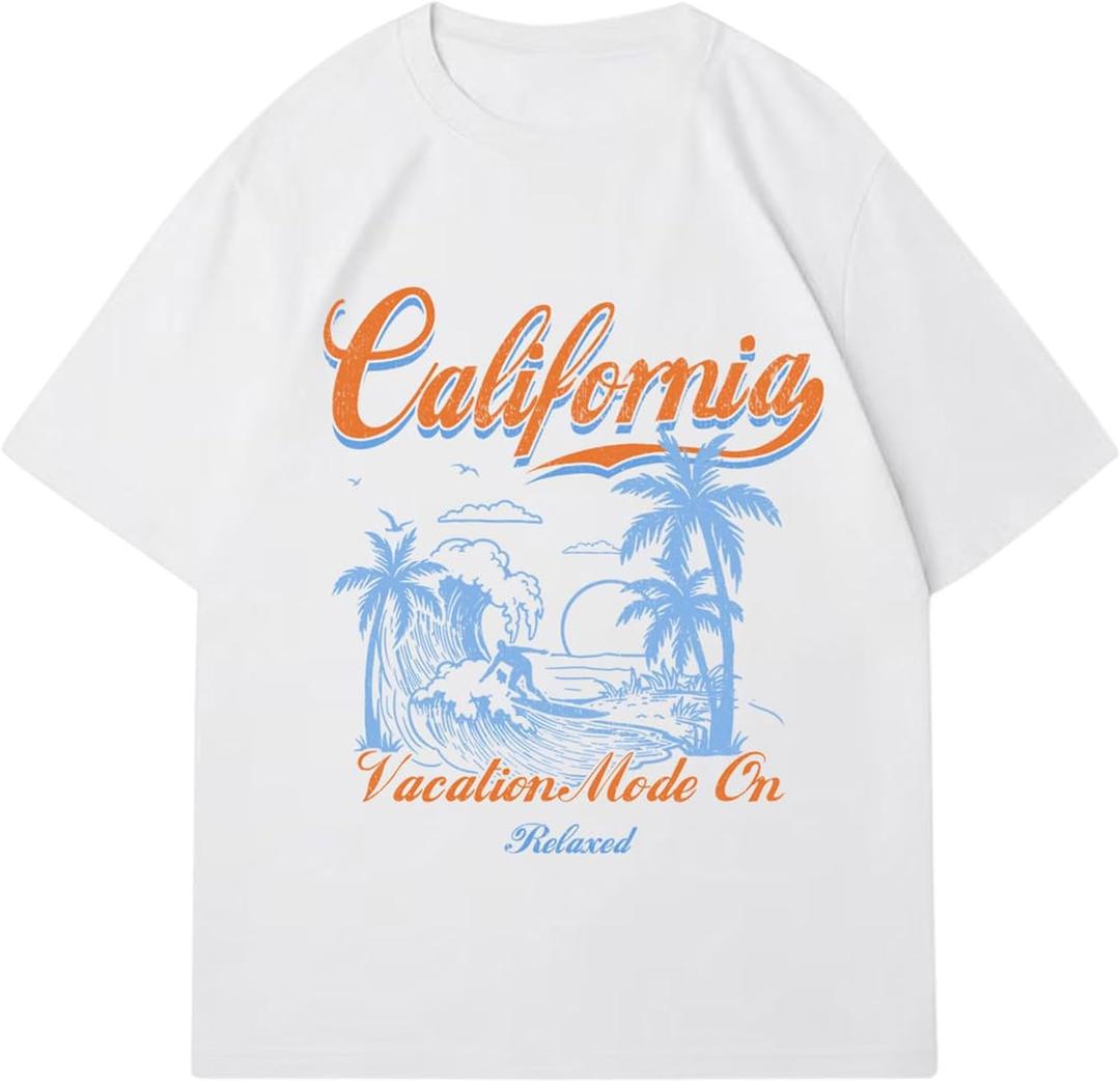 Women's Graphic Tees Letter Print Crewneck Short Sleeve T Shirt Vacation Summer Tops White Letter Large